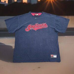VTG Nike Cleveland Indians T Shirt Blue Embroidered Guardians MLB Chief Wahoo L